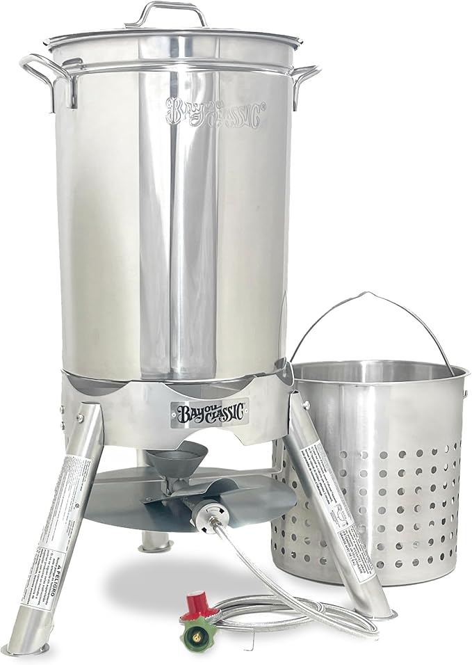 Bayou Classic Stainless Steel Boiler Cooker Kit Features 44-qt Stainless Boiler with Lid, Steam/Boil Basket, 4-in Cast Aluminum 58,000 BTU Burner, 10-psi Pre-Set Regulator and 48-in Hose