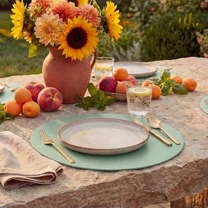 Artoid Mode Sage Faux Leather Placemats Set of 4, 15 Inch Waterproof Wipeable Heat Resistant Place Mats, Reversible Table Mats for Spring Kitchen Dining Decor
