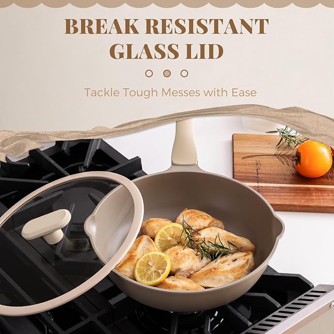 PRICUSIS Nonstick Deep Frying Pan with Glass Lid, 10 Inch (3.2 qt), 5X Durable Nonstick Saut챕 Pan, Scratch & Stain Resistant, PFOA Free, Induction Compatible, Dishwasher & Oven Safe, Natural Linen