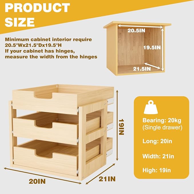 Pull Out Cabinet Organizer, 20''W횞21''D횞19''H Soft Close Slide Out Wooden Pull out Drawers, Three Tier Slide out Wood Cabinet Organizer, for Base Cabinet Organization in Kitchen, Pantry, Bathroom