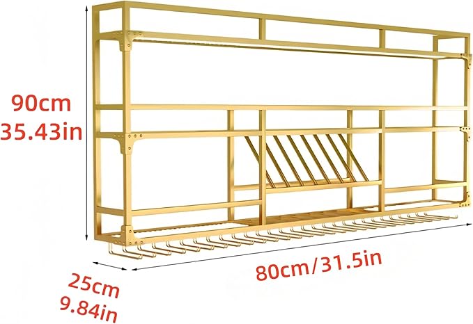 31 Inch Metal Wall-Mounted Wine Rack with LED Light, 3 Tier Wine Storage Display Rack with Glass Holder, Space-Saving Bottle and Cup Display Shelf for Home Bars, Dining Rooms, Gold