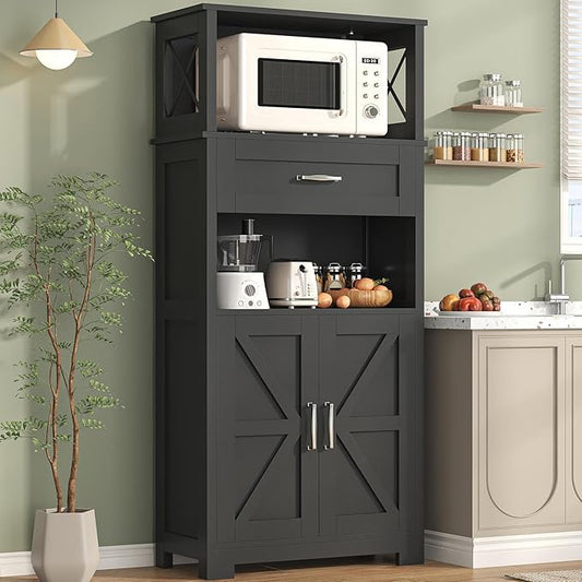 55" Tall Kitchen Pantry, Farmhouse Storage Cabinet with Doors, Shelves and Drawer, Rustic Wood Cupboard for Kitchen, Dining Room (Black)