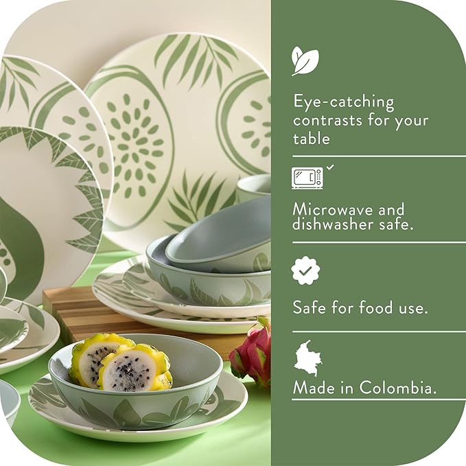 Corona 16?뱎iece Green Tropical Fruit Design Ceramic Dinnerware Sets | Plates, Bowls and Mugs | Service For 4 | Frutto