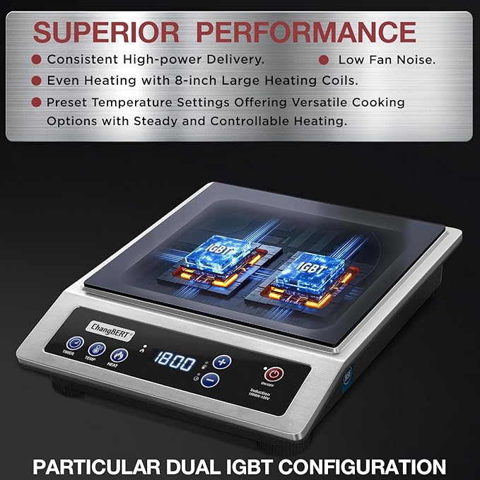 ChangBERT Induction Cooktop, Commercial Grade Portable Cooker, Large 8??Heating Coil, Premium Stainless Steel Countertop Burner with NSF Certified, 10 Hours Timer Powerful 1800W Professional Hot Plate