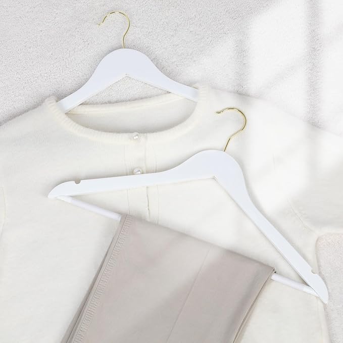 TOPIA HANGER Wooden Hangers 30 Pack, White Wood Coat Hanger with 360째 Swivel Gold Hook, Non Slip Pants Bar and Shoulder Notches for Camisole, Jacket, Pants, Smooth Finish Clothes Hangers -CT34WG30