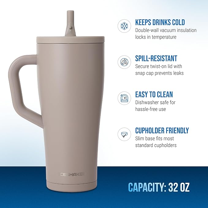 Ice Shaker 32 oz Tumbler with Handle and Straw | 32oz Java | Cold for 30+ Hours | 2-in-1 Tumbler Shaker Bottle | Odor-Free 32 ounce Bottle for Water, Protein Shakes, Smoothies, Cocktails