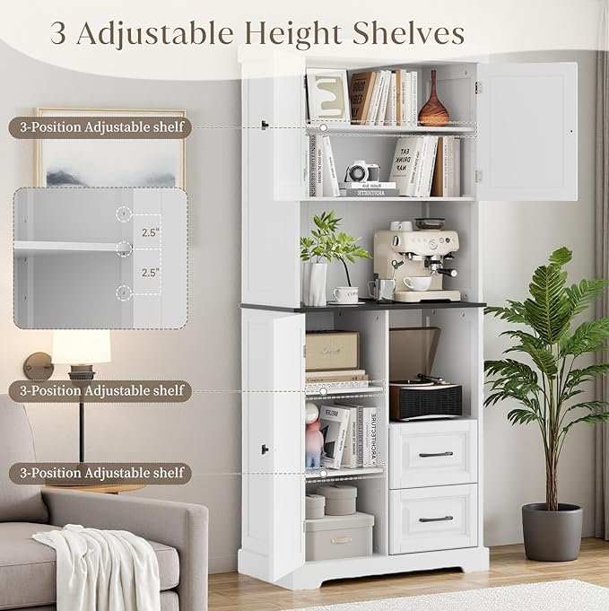 71" Tall Kitchen Pantry Cabinet, White Wooden Storage Cabinet with Drawers & Wire Hole & Adjustable Shelves & Anti-Tip Device, Multipurpose Pantry Cabinets for Kitchen Bathroom Living Room