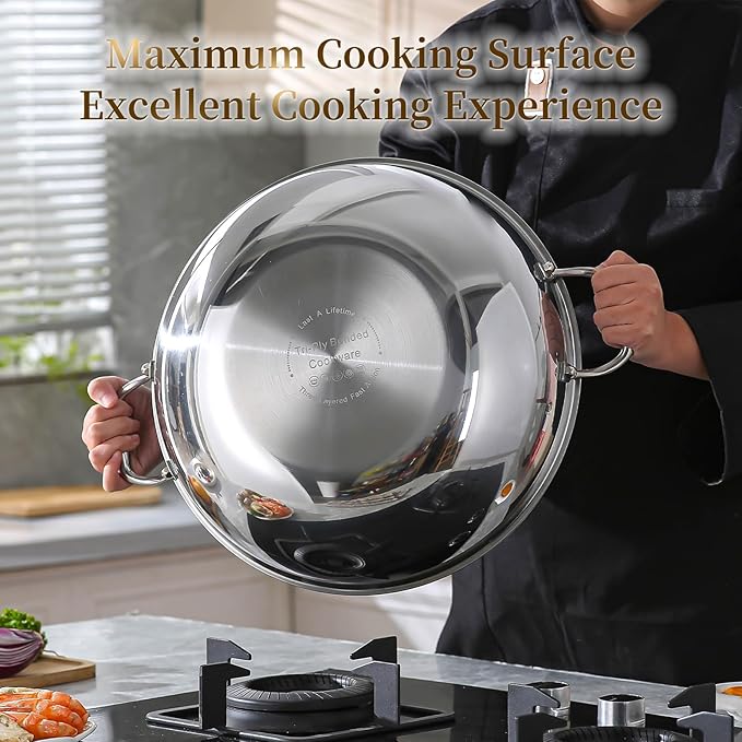 DELARLO Tri-Ply Stainless Steel Wok Pan with Lid 14inch, Healthy Non-Toxic Flat Bottom Induction Wok, Stir Fry Pan for Glass Top Stove Up to 600℉
