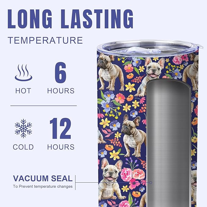 Yogusut French Bulldog Gifts for Women, 20oz Stainless Steel Insulated Tumbler Travel Mug Cup with Lid Straw Brush, Gifts for Dog Mom Dog Lover