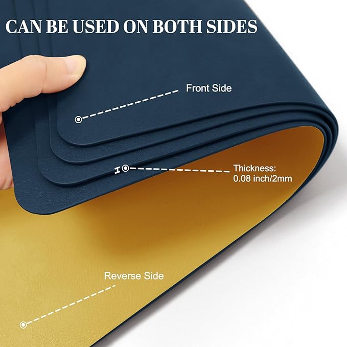 BLESWIN Faux Leather Placemats, PU Dining Table, Waterproof and Oil Resistant Easy to Clean, Heat Resistant Reversible Use Table Mats for Kitchen, Dining Table,Outdoor ??12 횞 17 Inch, Dark Blue&Yellow