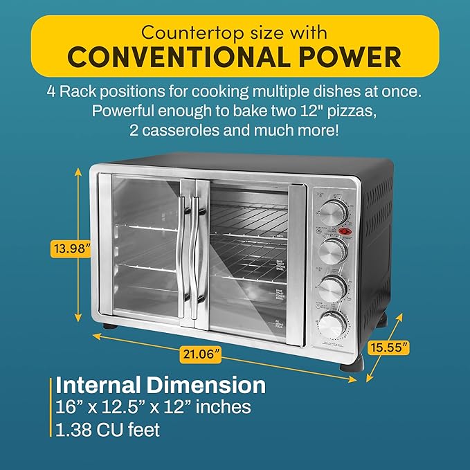 Elite Gourmet ETO4510B French Door 47.5Qt, 18-Slice Convection Oven 4-Control Knobs, Bake Broil Toast Rotisserie Keep Warm, Includes 2 x 14" Pizza Racks, Stainless Steel