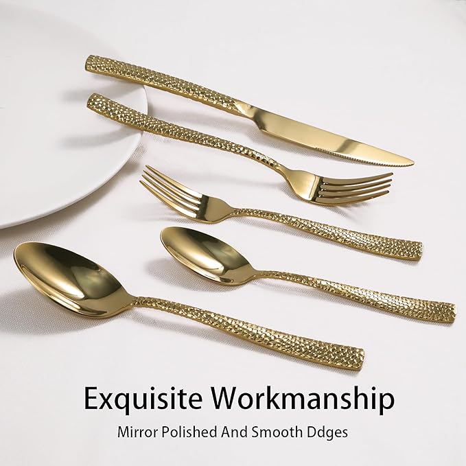 Gold Hammered Silverware Set, 40 Piece Stainless Steel Flatware Set for 8, Food-Grade Tableware Cutlery Set for Home Restaurant, Mirror Polished, Dishwasher Safe