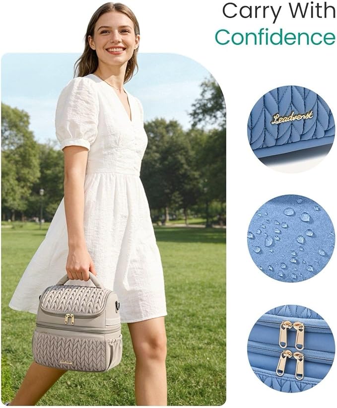 LEADVENST Lunch Bag Women, Double Deck Insulated Lunch Box - Large Capacity 12L with Detachable Divider for Tall Items, Leakproof, Durable & Reusable Cooler Bag For Work Picnic Travel, Quilted Blue