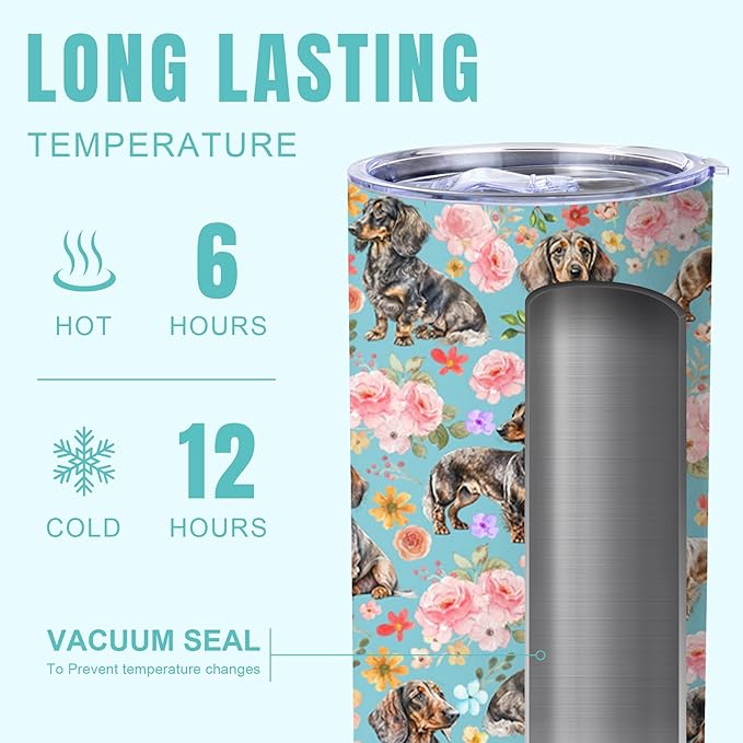 Yogusut Dachshund Gifts for Women, 20oz Stainless Steel Insulated Tumbler Travel Mug Cup with Lid Straw Brush, Gifts for Dog Mom Dog Lover