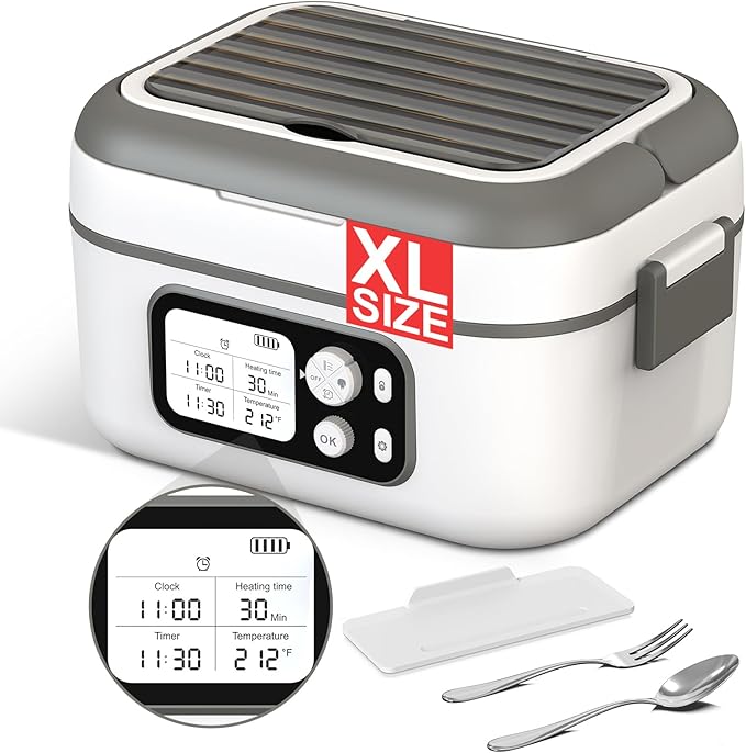 EDCREATY Cordless Electric Heated Lunch Box, 1.5L 6.3Cups 24000mAh Rechargeable Battery Self-Heating Lunch Box, Smart Timer, Even Heating, 100W Portable Food Warmer for Office, Picnic, Car, Outdoor