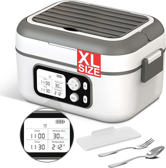 EDCREATY Cordless Electric Heated Lunch Box, 1.5L 6.3Cups 24000mAh Rechargeable Battery Self-Heating Lunch Box, Smart Timer, Even Heating, 100W Portable Food Warmer for Office, Picnic, Car, Outdoor