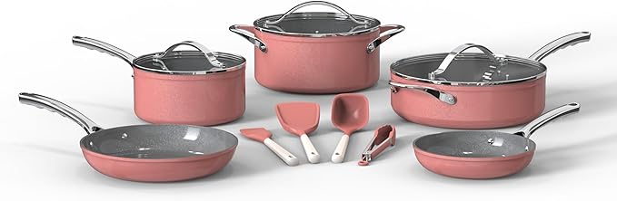 Bakken 12-Piece Aluminum Cookware Set with Ceramic Nonstick Coating, PTFE & PFAS Free, All Stovetop Safe Up To 500째F, Pots and Pans Set with Lids, Silicone Utensils Included, Dishwasher Safe, Pink