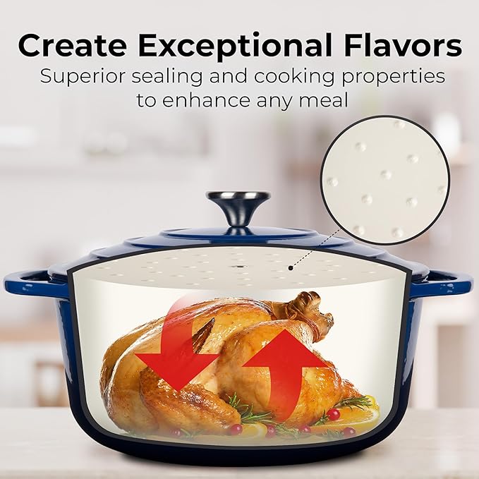 Zulay Kitchen 5 Quart Enameled Cast Iron Dutch Oven Pot with Lid ??Premium Durability & Oven Safe up to 500째F ??Heavy Duty Cookware Perfect for Bread Baking, Stews, Braising & Roasting ??Blue