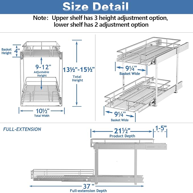 2 Tier Individual Pull Out Cabinet Organizer 10쩍" W x 21쩍" D, Heavy Duty Cabinet Pull Out Shelves, Slide Out Drawers Organization for Kitchen Cabinets Bathroom