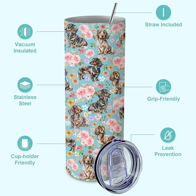Yogusut Dachshund Gifts for Women, 20oz Stainless Steel Insulated Tumbler Travel Mug Cup with Lid Straw Brush, Gifts for Dog Mom Dog Lover
