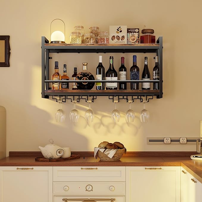 Homeiju Wall Mounted Wine Rack, Bottle & Glass Holder Wood-Metal Retro Wine Rack, Wine Bottles Display Wall Storage for Kitchen Dining Room Home Bar