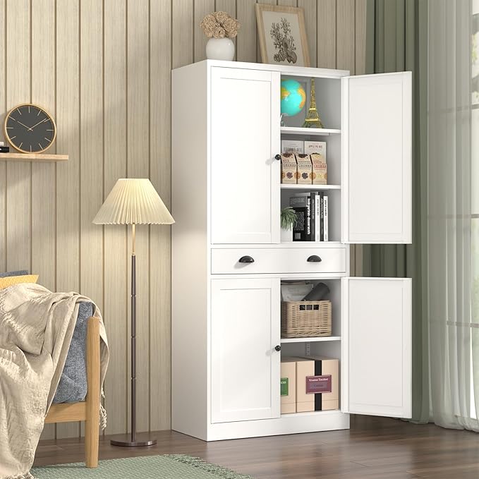 Metal Kitchen Pantry Cabinet, 71'' Tall Food Pantry Storage Cabinet with Doors and Shelves, White Freestanding Cupboard for Dining Room, Living Room - Assemble Required