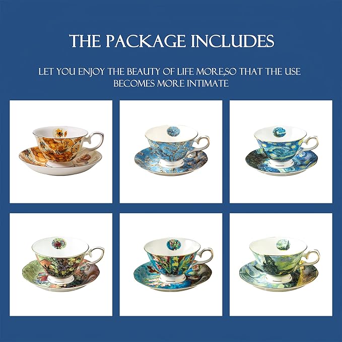 Van Gogh Bone China Set of 6 Cups and Saucers With Rack, Coffee Cup and Saucer Set With Gift Box, 7.4-Ounce Art Coffee Mugs Set - Perfect Birthday/Holiday/Wedding Gift