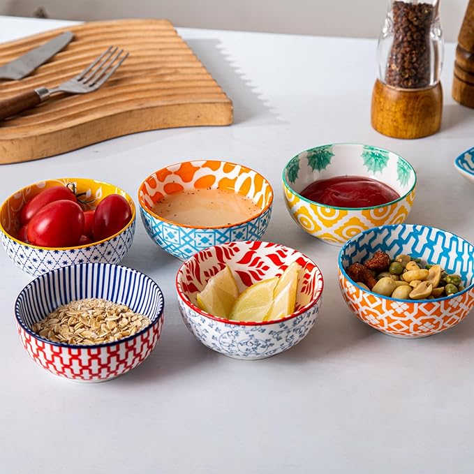 Cerkik Ceramic Dipping Bowls Set - Mini 4 Oz Dessert Bowls - Small 3.5 Inch Porcelain Bowls for Side Dishes, Snack, Yogurt, Appetizer - Microwave Dishwasher Safe - Set of 6 - Assorted Colors