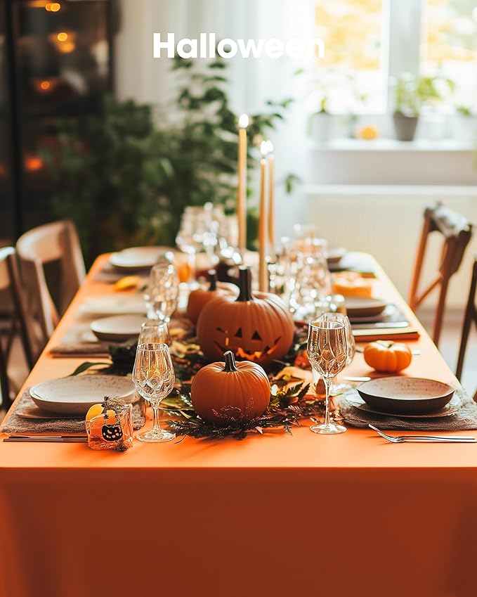Pureegg Plastic Table Cloth Disposable 12 Pack, 54 x 108 Inch Table Cloths, Halloween Party, Thanksgiving Decorations, Harvest, Fall Tablecloths, Rectangle Tables, Leakproof & Sturdy, Orange