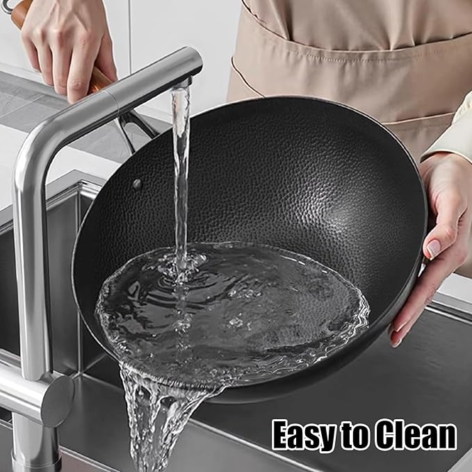 Titanium Hammered Wok with Lid, Pre-Seasoned Cast Iron Nonstick Stir-Fry Pan, Flat Bottom Wok, Scratch-Resistant Non Stick Titanium Pans for Cooking,11.81IN