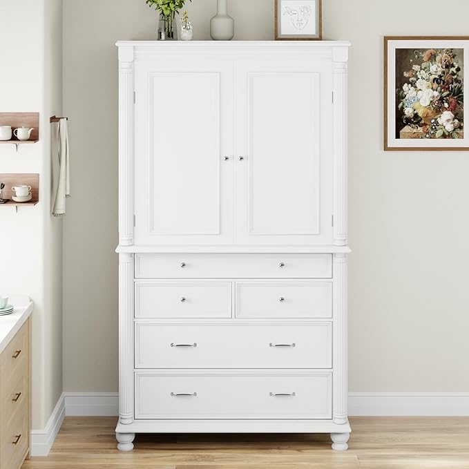 Merax 77" Tall Large Kitchen Pantry Storage Cabinet with 2 Doors & 2 Adjustable Shelves & 5 Drawers & 6 Side Door Shelves, Modern Freestanding Food Pantry for Dining Room, Living Room, White