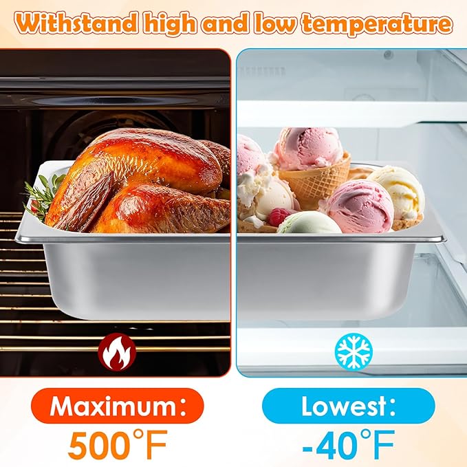 QTLCOHD 4 Pack 1/2 Half Size Hotel Pan with Lids, 4 Inch Deep Steam Table Pan with Lid, 12.8 x 10.4 Inch Stainless Steel Pans for Home, Party, Hotel, Buffet