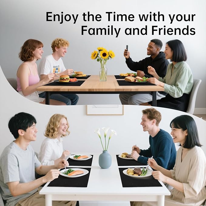 Blue Forest | Rectangular Faux Linen Placemats Set of 4 | Dual- Layered Thickened for Durability | Heat Resistant | Machine Washable | Wrinkle Free for Easy Care Indoor/Outdoor Use - Black