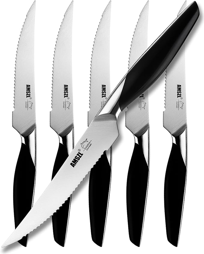 Steak Knives Set of 6, Serrated Edge German 1.4116 Stainless Steel, Forged Black Resin Handle - Dishwasher Safe Steak Knife Set for Dinner, Restaurant & Home Use
