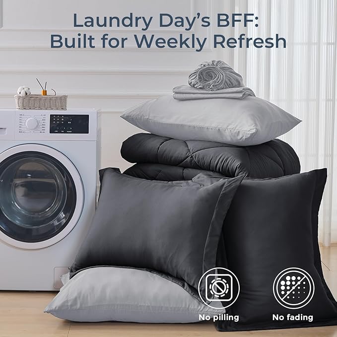 HEVUMYI King Comforter Set - 7-Piece All Season Bed in a Bag King, Ultra Soft Bedding Set with Comforter, Flat Sheet, Fitted Sheet, Pillowcases, Pillow Shams, Dark Grey & Light Grey