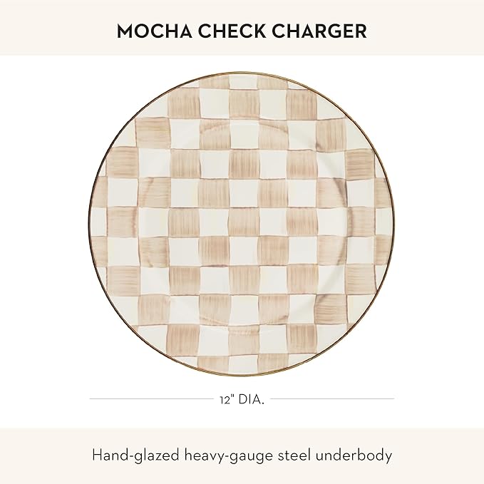 MACKENZIE-CHILDS Enamel Charger Plate, Charger Decoration Plate for Dinner Plates or Home Decor, 12 Inches, Brown-and-White Mocha Check