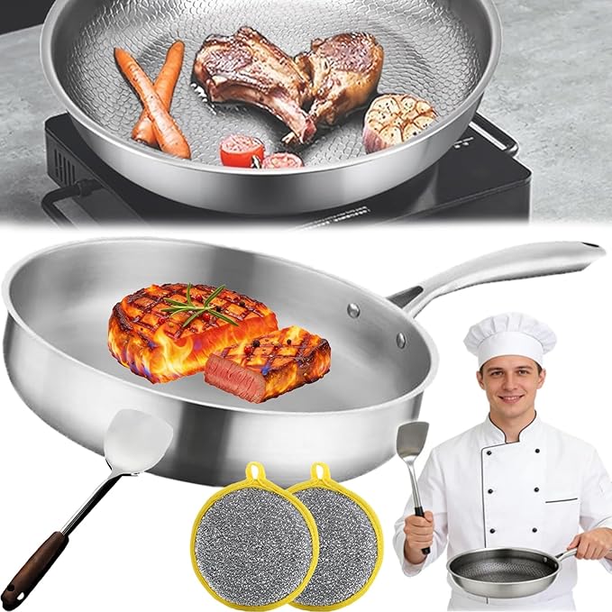 Stainless Steel Hammered Pan Pro, Titanium Full-Screen Honeycomb Wok, Fast Heating, Non-Stick Titanium Pan Without Coating, Includes Spatula and Cleaning Brush for All Cooktops (11.8in silver*1)