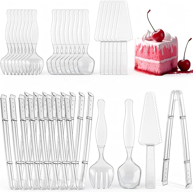 30 Pcs Disposable Plastic Serving Utensils Set Include 8.5'' Serving Spoons Forks 9'' Tongs and Knives for Birthday Party Buffet Dinner Food Salad Utensils Christmas (Clear)