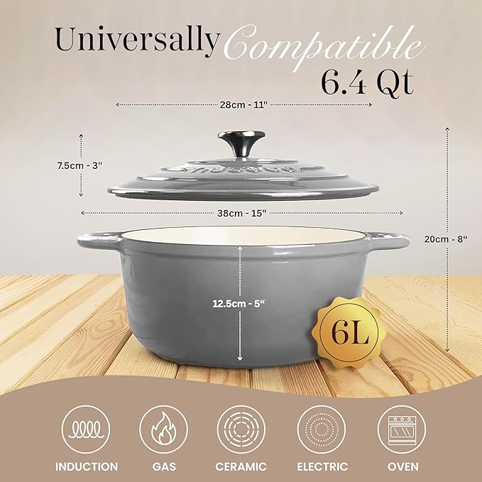 Nuovva Enamelled Cast Iron Dutch Oven Pot with Lid ??6.4 Quart Non Stick Casserole Pot ??Heavy Duty & Oven Safe up to 500째 F for Bread Baking, Braising, Stews, Roasting ??28cm Grey