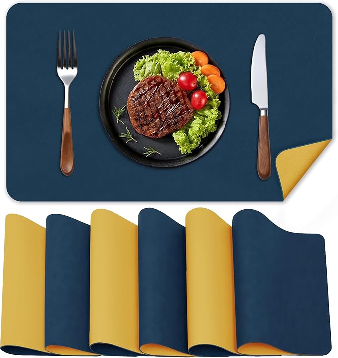 BLESWIN Faux Leather Placemats, PU Dining Table, Waterproof and Oil Resistant Easy to Clean, Heat Resistant Reversible Use Table Mats for Kitchen, Dining Table,Outdoor ??12 횞 17 Inch, Dark Blue&Yellow