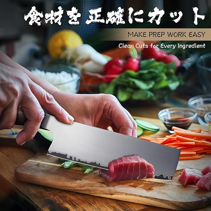 Purple Dragon Nakiri Knife, 7 Inch Meat Cleaver, German Vg10 Steel Japanese Kitchen Knife for Meat Cutting Chopping Dicing Vegetables, Ergonomic Wooden Handle - Christmas Gift for Men and Women