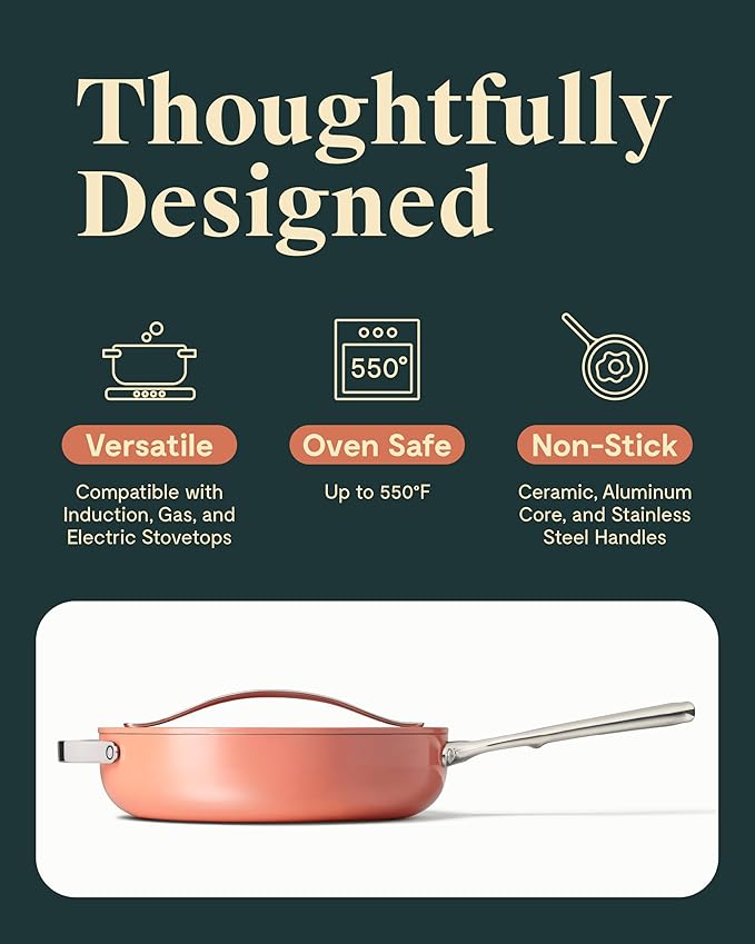 Caraway Nonstick Ceramic Saut챕 Pan with Lid (4.5 qt, 11.8") - Non Toxic, PTFE & PFOA Free - Oven Safe & Compatible with All Stovetops (Gas, Electric & Induction) - Perracotta