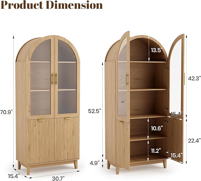 Pamapic 71" Tall Arched Cabinet, Fluted Kitchen Pantry with Glass Doors & Adjustable Shelves, Arch China Storage Cabinet, Wooden Pantry for Dining Room, Living Room (Natural)