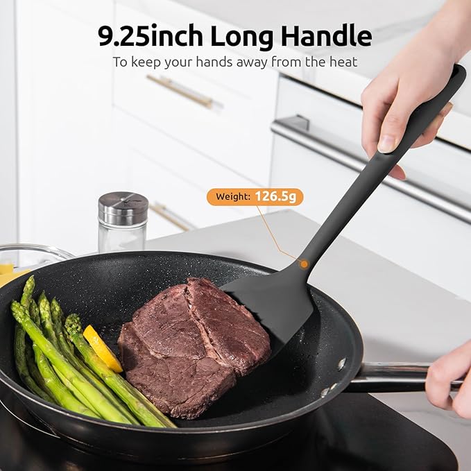 600쨘F Heat Resistant Silicone Turner: U-Taste 13.6in Long Solid & Slotted Thick Kitchen Spatula Flipper, Large Flexible Cooking Utensil for Flipping Egg in Nonstick Cookware (Classic Black, 2PCS)