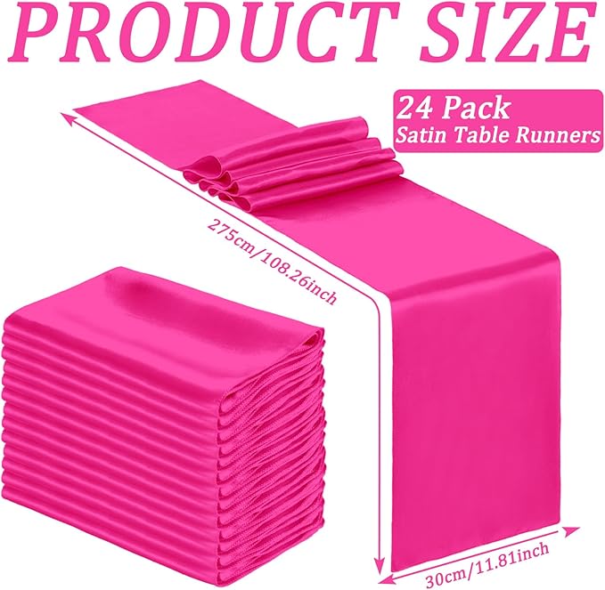 Bencailor 24 Pcs Hot Pink Satin Table Runner Bulk 12 x 108 Inches Long Table Runners Bright Smooth Fabric Tablecloth for Wedding Banquet Birthday Valentines St Patrick's Day Party Decorations