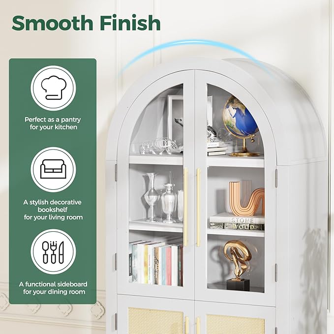 63??Arched Kitchen Pantry Cabinet ??5-Tier Modern Farmhouse Storage Cabinet w/Glass & Fluted Doors, Adjustable Shelves for Kitchen, Living Room, Entry, Office, Engineered Wood, White