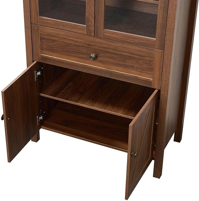 71" Tall Arched Cabinet, Arched Kitchen Pantry with Glass Doors & Shelves, Modern Display Storage Cabinets with Drawers, Wooden Pantry Cabinet for Living Room, Dining Room or Kitchen, Walnut