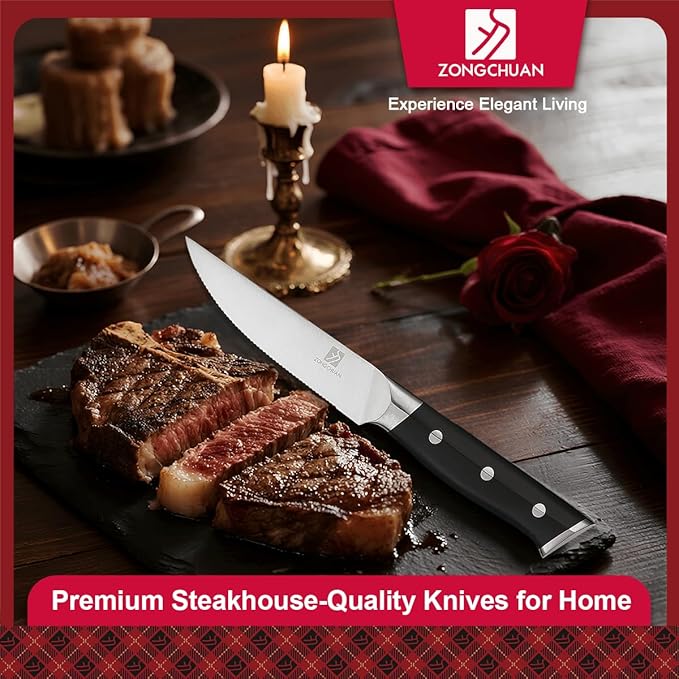 Medium Steak Knives Set of 4, 4.5 Inch High-Carbon Stainless Steel Serrated Steak Knife,Ergonomic Black Handles,Razor-Sharp, Dishwasher Safe, Rust-Resistant & Durable,Full Tang With Excellent Gift