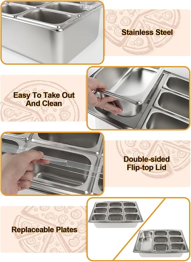 Lanstics 2PCS Pizza Topping Station 10 Pans Stainless Steel Spice Organizer Salad Bar Buffet Station with Spoons Ice Boxes Buffet Containers Set for Sauce Jam Ingredient Kitchen Restaurant Pantry