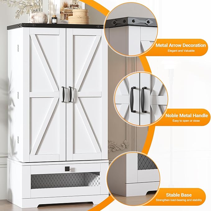 47" Kitchen Pantry Storage Cabinet White Tall Storage Cabinet with Doors, Adjustable Shelves, and Drawer Farmhouse Cupboard for Kitchen, Dining Room, Bathroom 16" D x 24" W x 47"